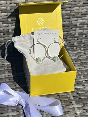 Kendra Scott Retired Rare Elora Aqua Kyocera Opal Gold Hoop Earrings NWT